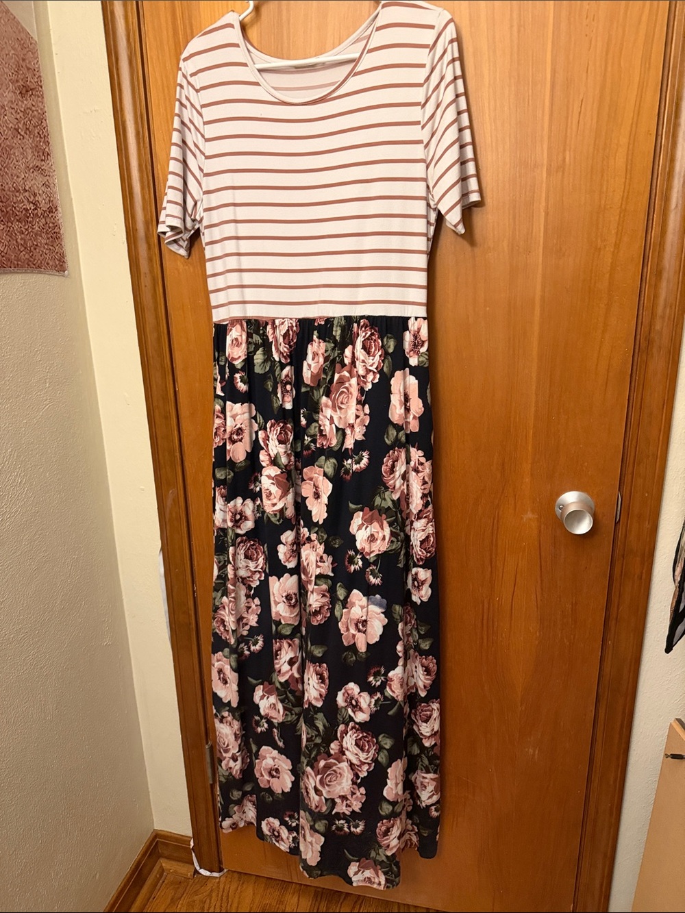 Reborn J Pink Striped Top with Black Rose Floral Maxi